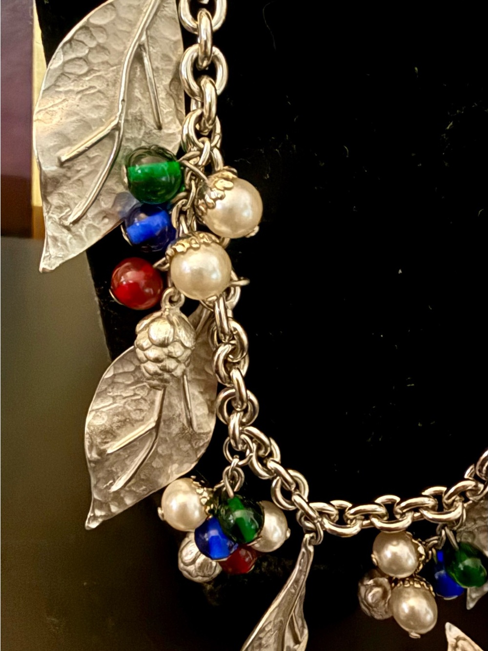 Vintage Mid-Century Silver Leaf Berry Cluster Charm Necklace & Earrings Set - Picture 2 of 9